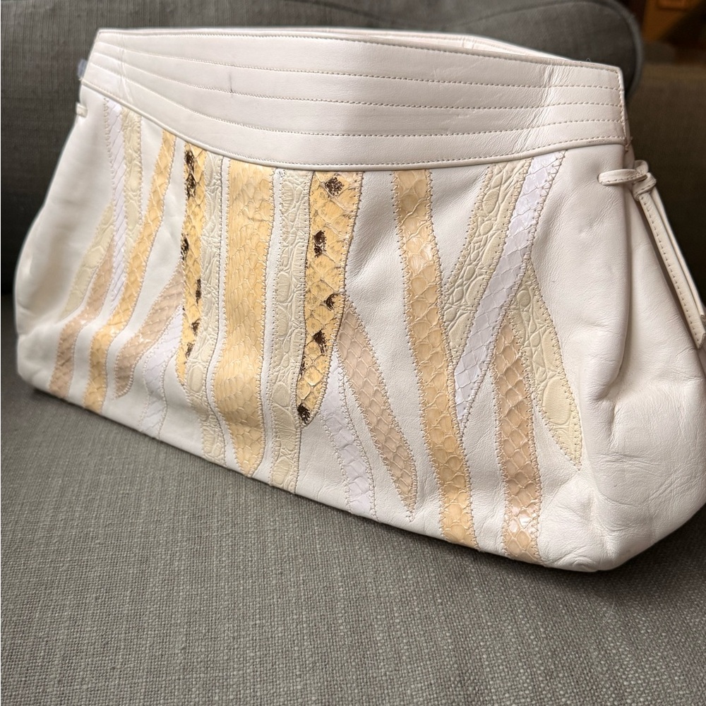 90’s USA Made Venetto White & Beige Leather and Snakeskin Patchwork Clutch